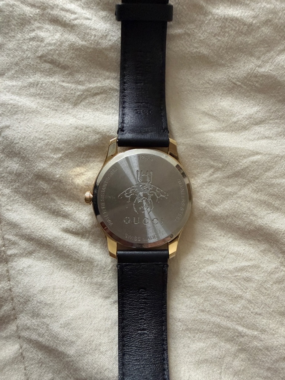 Gucci Black Leather Watch with Gold Case and White Dial - Picture 3 of 3